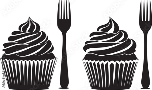 Two sweet cupcakes with forks silhouette