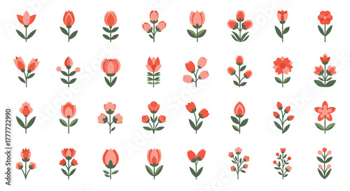 Set of various stylized flower icons in flat design, featuring red and pink blossoms and green leaves, perfect for spring and nature themes.