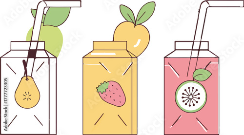 flat vector illustration of three juice cartons with fruit and straws, in a pink, green, and yellow color scheme, on a white background