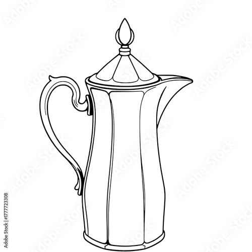 Stylized line drawing of an ornate silver coffee pot with a lid and handle.