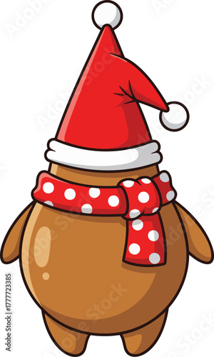 Cute cartoon brown mascot character wearing a red Santa hat and a festive red polka dot scarf. Ideal for holiday marketing and Christmas concepts