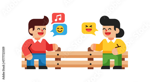 Joyful Exchange Between Two Individuals With Speech Bubbles Illustrating Delight and Sound