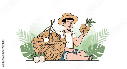 Joyful Farmer Displays Fresh Harvest of Longans in Pleasant Summer Day