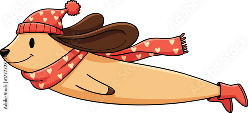 Cute cartoon dog wearing a red hat and scarf with heart patterns, and red boots, flying through the air