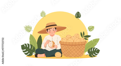Joyful Farmer Peeling Fruit Among Lush Greenery At Golden Hour Peaceful Scene