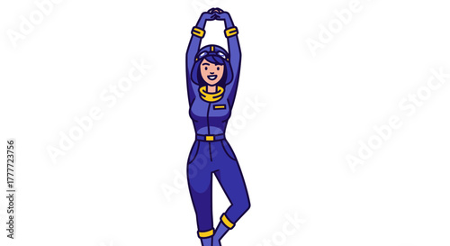 Joyful Female Aviator Stretching Upward In Stylish Blue Jumpsuit On Isolated White Background