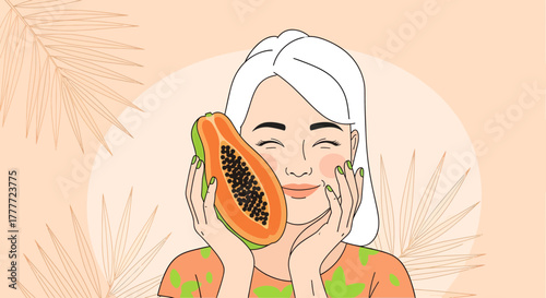 Joyful Female Embracing Papaya Slice: Depicting Wellness, Healthy Diet, And Natural Skincare