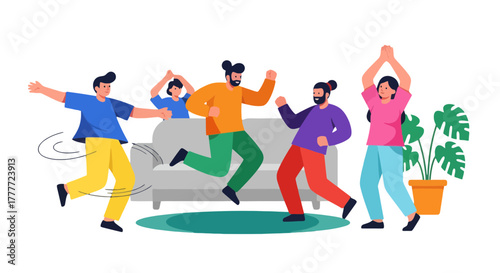 Joyful Gathering Of Friends Celebrating Together with Exciting Movements and Dance