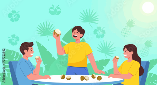 Joyful Gathering Under the Sun: Friends Relishing Delightful Tropical Fruits Together