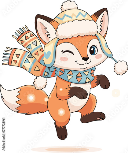 Cute cartoon fox character winking and wearing a colorful knitted winter hat and matching scarf