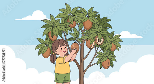 Joyful Girl Harvesting Delicious Fruit From a Lush Tree Under a Clear Sky