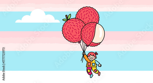 Joyful Girl Floating On Lychee Balloons Amidst A Whimsical Sky Cartoon Art