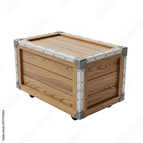 3d render of a sturdy wooden shipping container with metal reinforcements transparent background