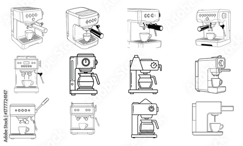 Home barista coffee machine icons set