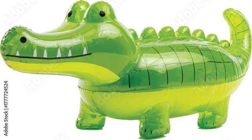 green inflatable crocodile toy, side view, studio photography, white background, product shot