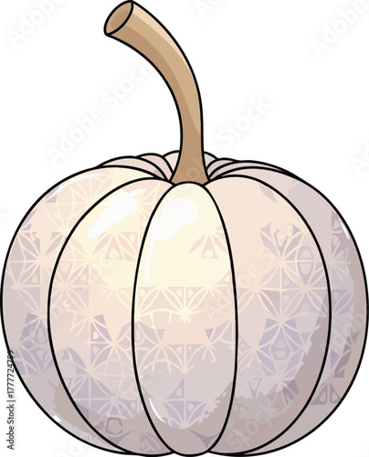 Cute cartoon illustration of a white or pale lavender pumpkin with a stylized geometric pattern and a curving brown stem