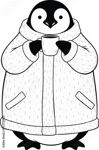 Cute cartoon penguin character wearing a cozy winter coat and holding a warm beverage, perfect for seasonal or comfort themes