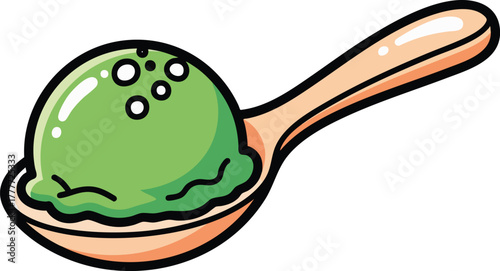 Cute cartoon scoop of bright green ice cream or sorbet served on a wooden spoon against a clean white background