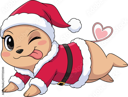 Cute cartoon seal in a Santa suit, winking and sticking out its tongue with a pink heart tail