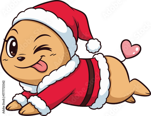 Cute cartoon seal pup character wearing a Santa Claus costume, winking and sticking out its tongue playfully, ideal for holiday promotions