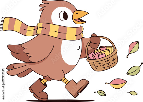 Cute cartoon sparrow mascot runs happily in boots and a striped scarf, carrying a basket of colorful gifts