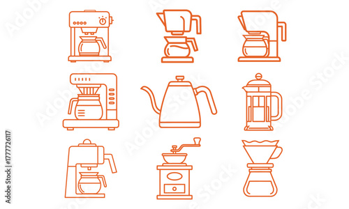 Home barista coffee brewing equipment line icons