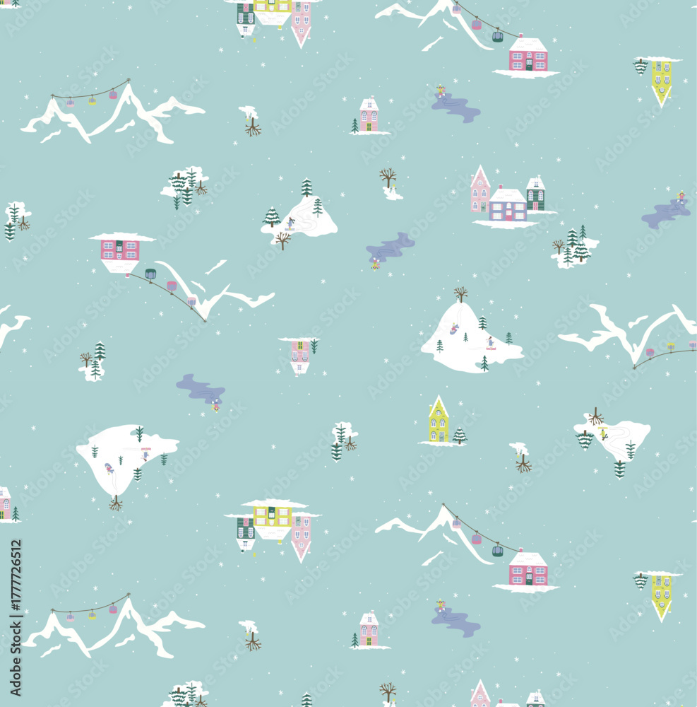 Cute Winter Village Seamless Pattern Vector - Snowy Ski Resort Holiday Repeat Print