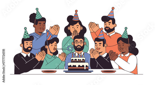 Joyful Group Celebrating A Birthday With A Cake, Friendship And Festivity On Display