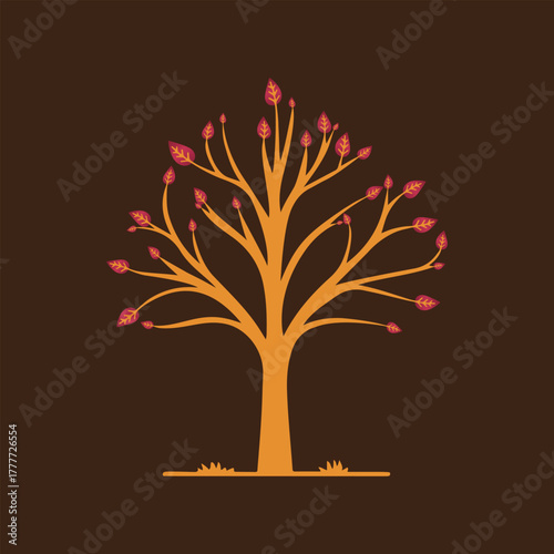 Autumn tree illustration with red leaves on dark background, abstract tree with colorful leaves, abstract tree with autumn leaves, vector tree silhouette, Decorative tree icon Autumn tree illustration
