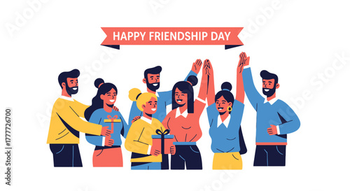 Joyful Group Celebrating Friendship Day With Gifts And Raised Hands On Black Background