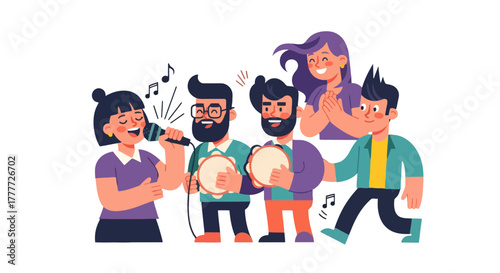 Joyful Group Celebrating Music With Tambourines, Singing, And Applauding Friends