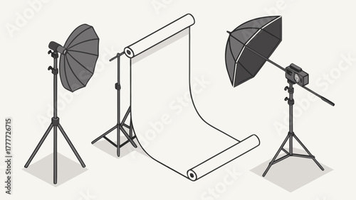 "Realistic 3D render of professional photography set with multiple lighting sources, seamless white backdrop, and reflector umbrella. Modern studio setup for product, fashion, and portrait photography