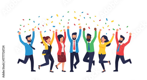 Joyful Group Celebrating Success With Colorful Confetti in a Dynamic Illustration