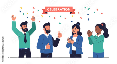 Joyful Group Celebrating Victory With Confetti, Teamwork Achievement Together Forever.