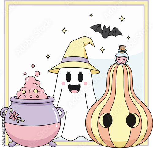 Cute kawaii Halloween illustration featuring a smiling ghost in a witch hat, a bubbling cauldron, and a striped pumpkin with a potion bottle