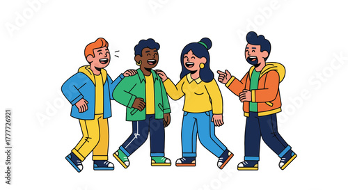 Joyful Group Of Friends Walking Together and Sharing a Pleasant Dialogue