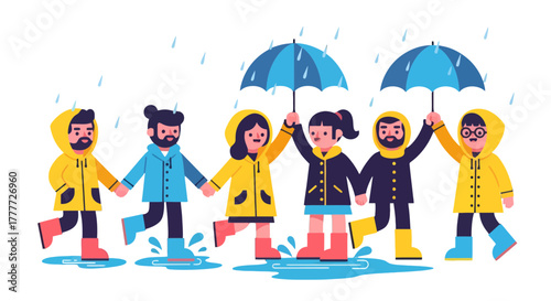 Joyful Group Walking Together in Rain, Sheltered Under Umbrellas, Embracing Fun