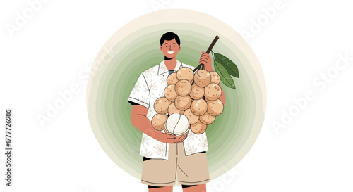 Joyful Grower Holding Fresh Harvested Longan Fruits Against A Green Artistic Circle Background