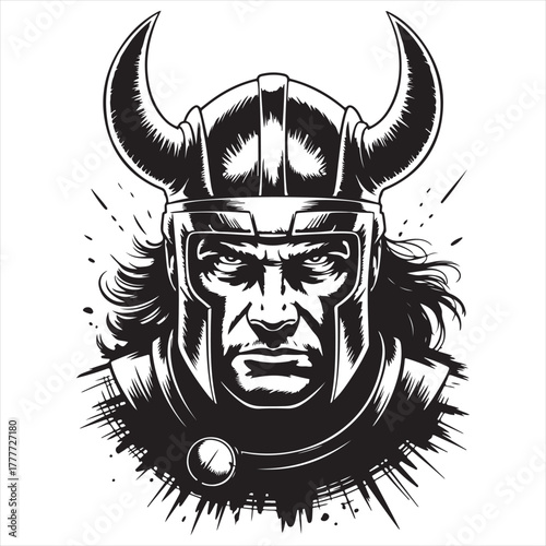 Horned Warrior Illustration – Fierce Norse-Inspired Black and White Art