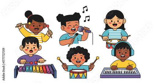 Joyful Illustration Showcasing Diverse Young Musicians Performing Together in Harmony