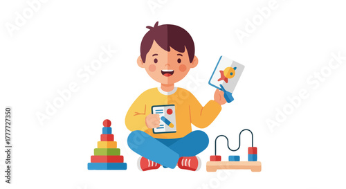 Joyful Illustration Of A Young Child Playing With Various Colorful Toys On Black Background