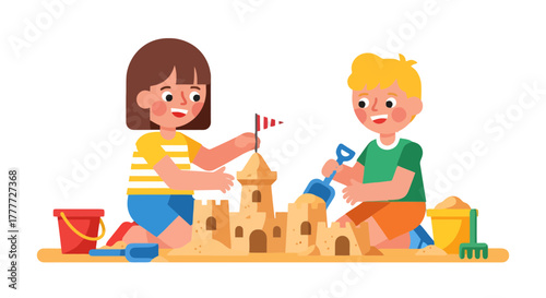 Joyful Kids Crafting a Sandcastle During Summer Break on a Sunny Beach Day