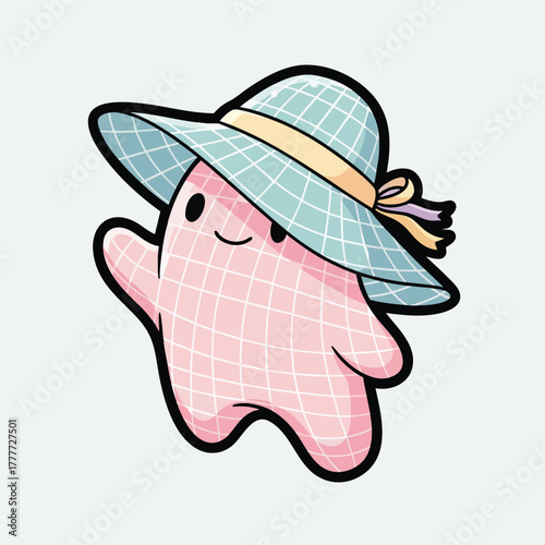 Cute pink ghost character wearing a stylish, checkered sun hat with a bow, isolated on a light background. Fun, happy mascot illustration for summer
