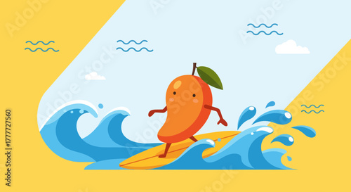 Joyful Mango Surfing the Waves on a Sunny Day: A Delightful Tropical Scene