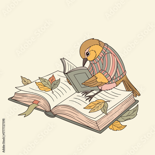 Cute vector illustration featuring an anthropomorphic yellow bird wearing a cozy striped sweater while reading a book