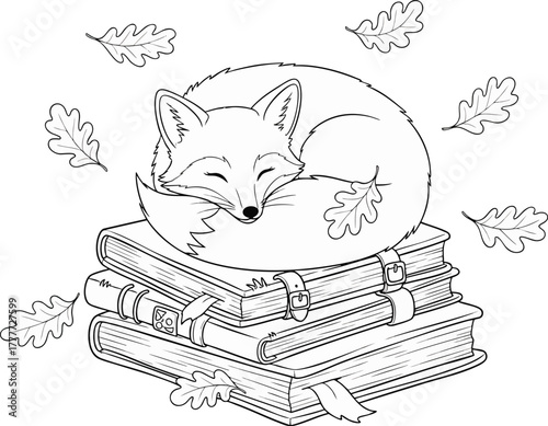 Cute sleeping fox curled up on a stack of old books, surrounded by falling oak leaves. Ideal for coloring pages and autumn themes