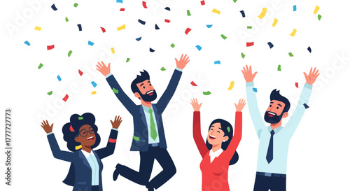 Joyful Office Team Celebrating a Success With Confetti on Dark Background