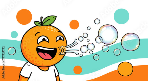 Joyful Orange Character Blowing Bubbles Creating Playful Spherical Illustrations