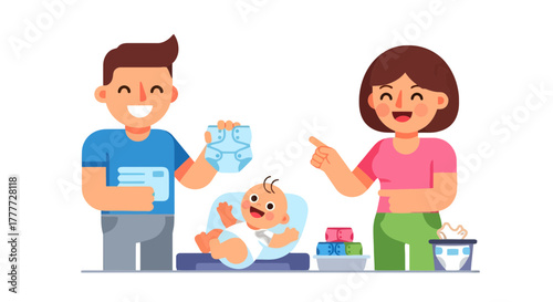 Joyful Parents Changing Baby's Diaper and Sharing Parenthood Moments Together