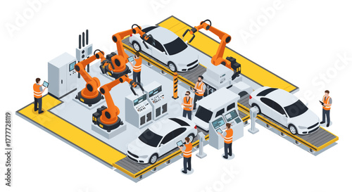 Automotive manufacturing plant with robotic arms and workers on an assembly line